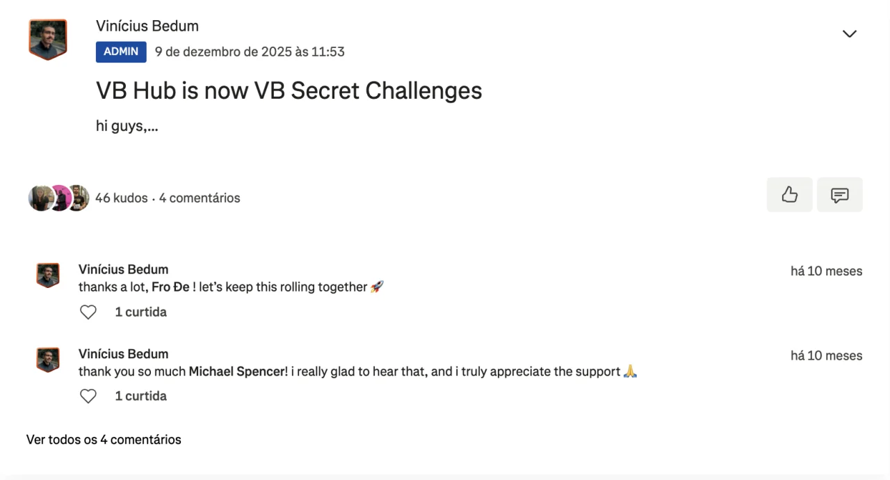 Screenshot of the club post: When VB Hub became VB Secret Challenges