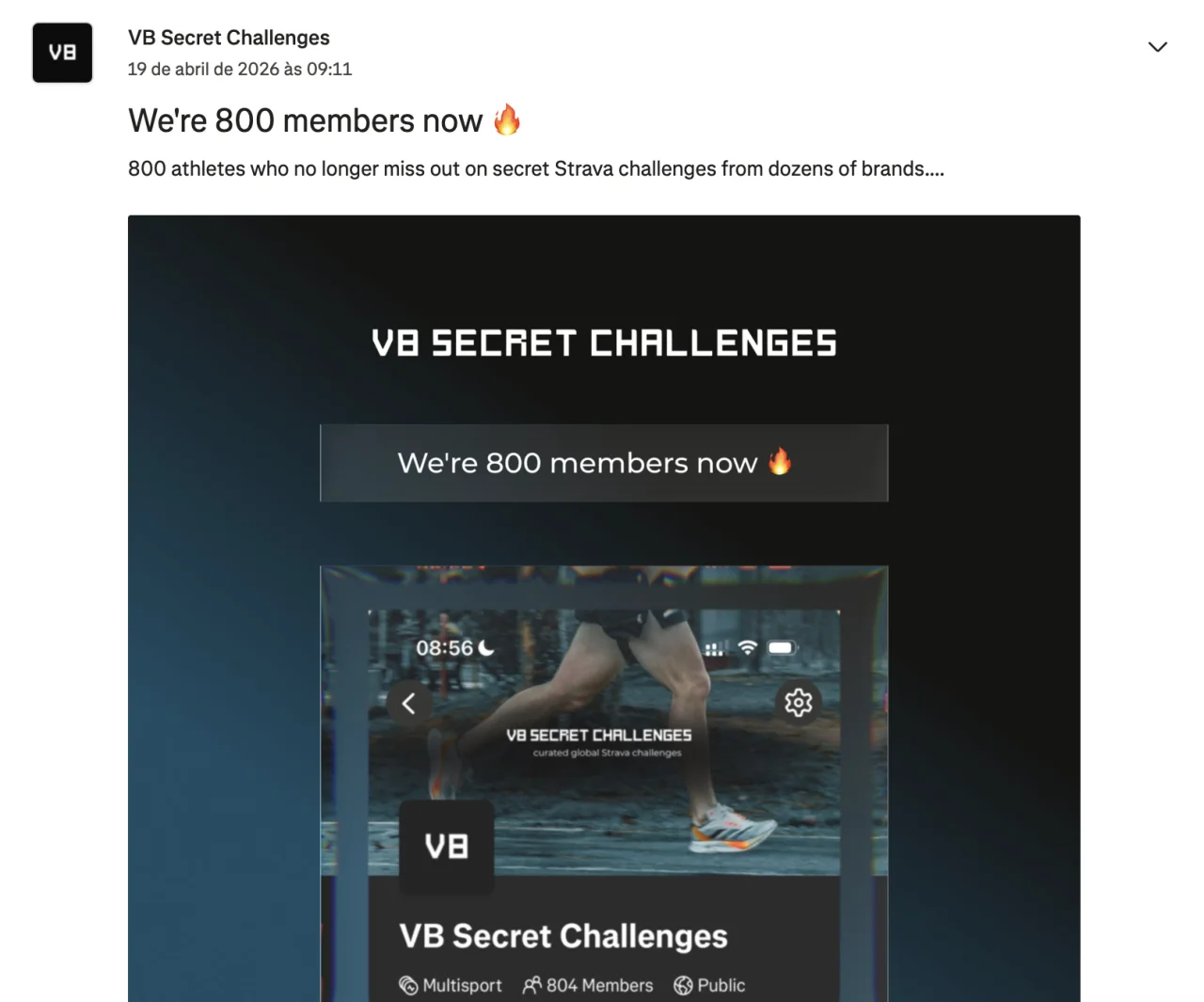 Screenshot of the club post: The first 800 members